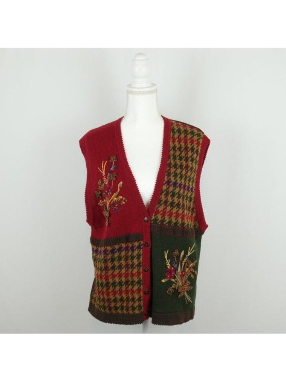 Napa Valley Petites Vintage Women's Medium Red V-Neck Houndstooth Sweater Vest